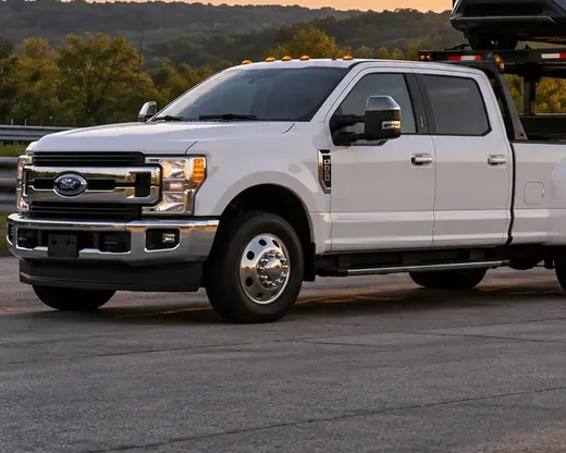 Front three-quarter view of a white Ford F-350 Super Duty dually